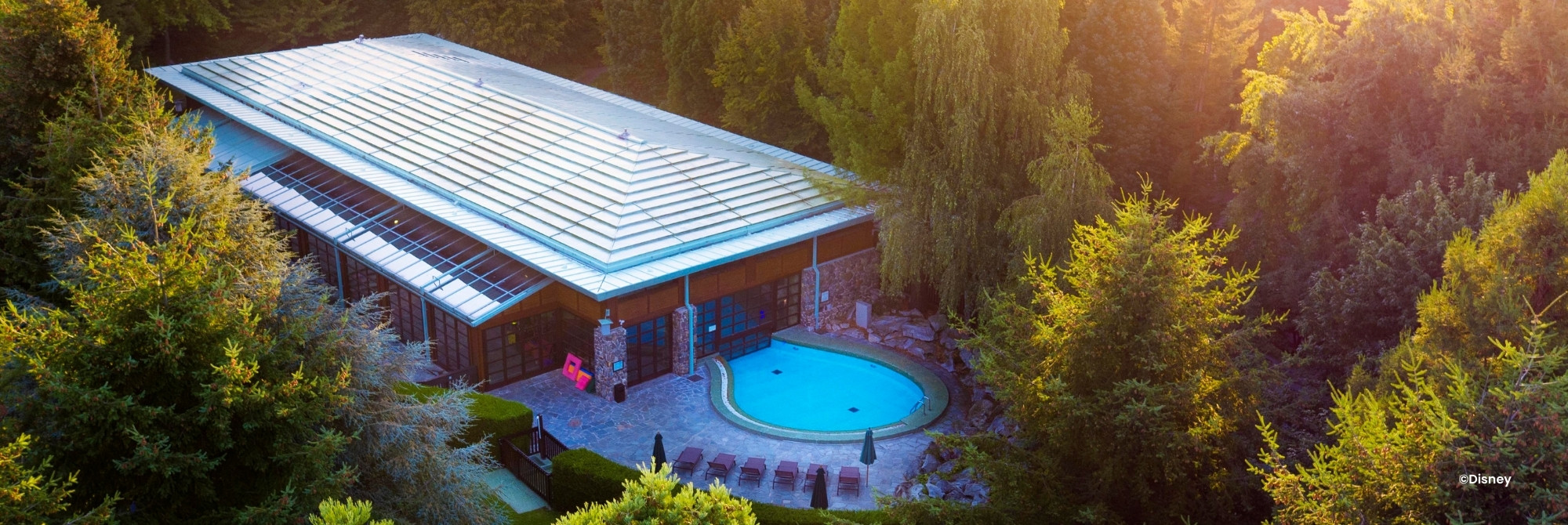 Lodge van Disney Hotel Sequoia Lodge met buitenzwembad en bomen eromheen