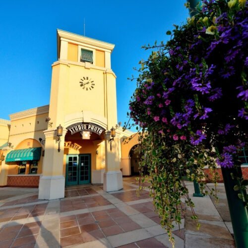 2 Guest services gebouw Front lont en paarse bloemen