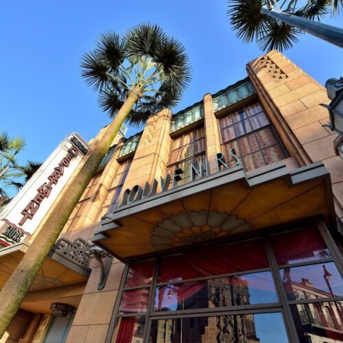 3 Palmbomen en hoge gebouwen aan de hollywood Boulevard in Production Courtyard
