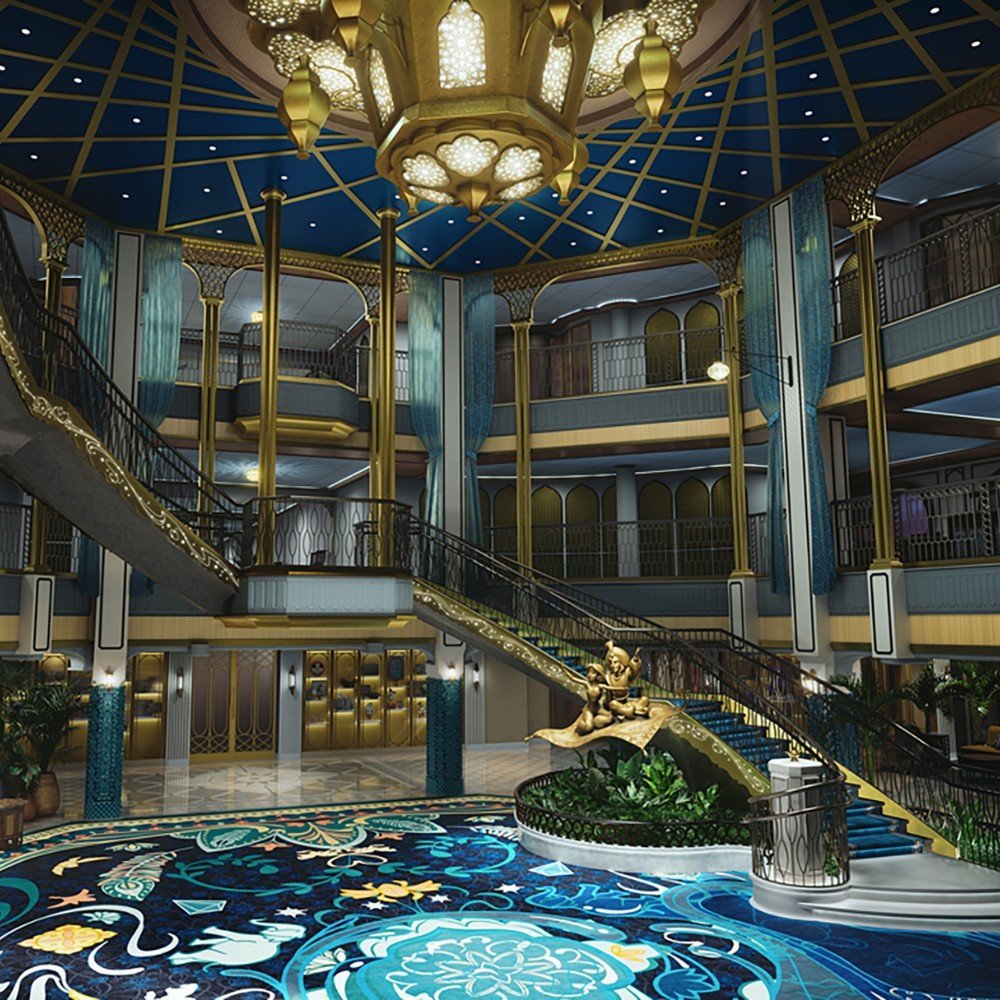 Gouden met blauwe lobby van Disney Treasure met gouden beeld van Aladdin