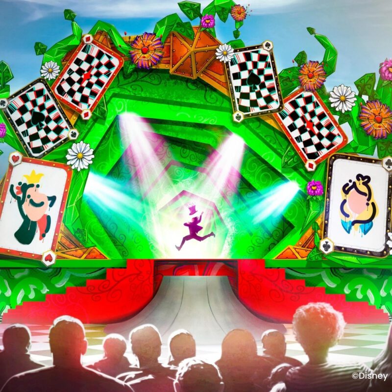 Concept art Decor met speelkaarten en groene achtergrond Alice in Wonderland show