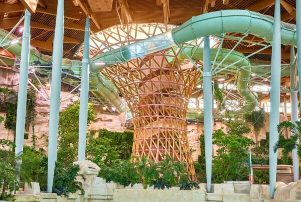 Aqua Mundo Villages Nature Paris met houten plafond en groene glijbanen