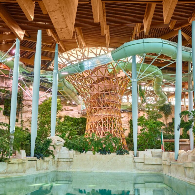 Aqua Mundo Villages Nature Paris met houten plafond en groene glijbanen