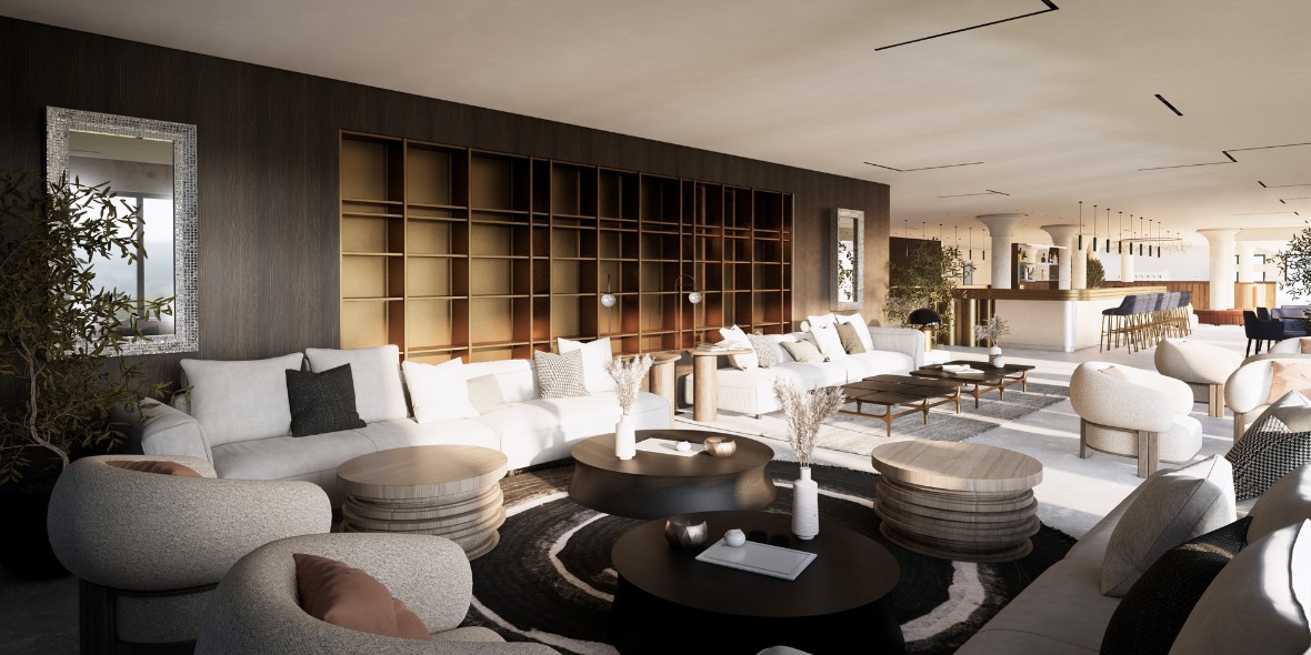 Lounge Ki Bar met witte sofa's en houten kasten